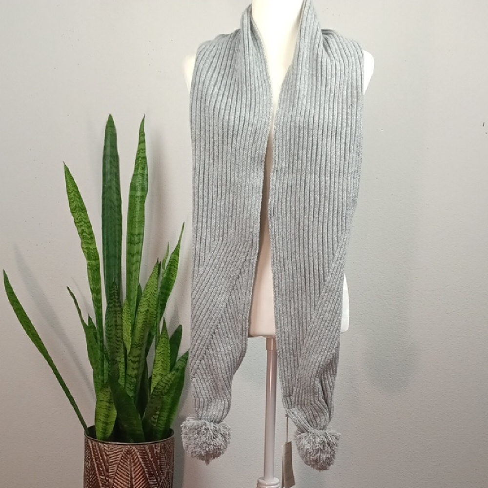 A New Day Light Gray Knit Scarf with Pom Poms Boho Neutral